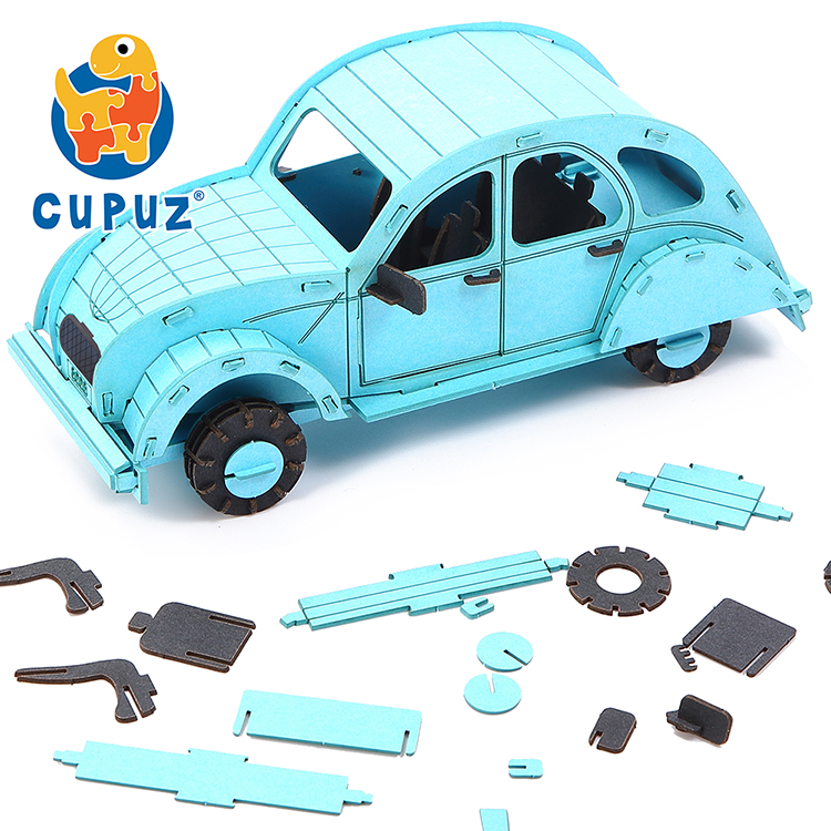DIY 3d beetle car puzzles model blue car assemble paper jigsaw building toys for kids